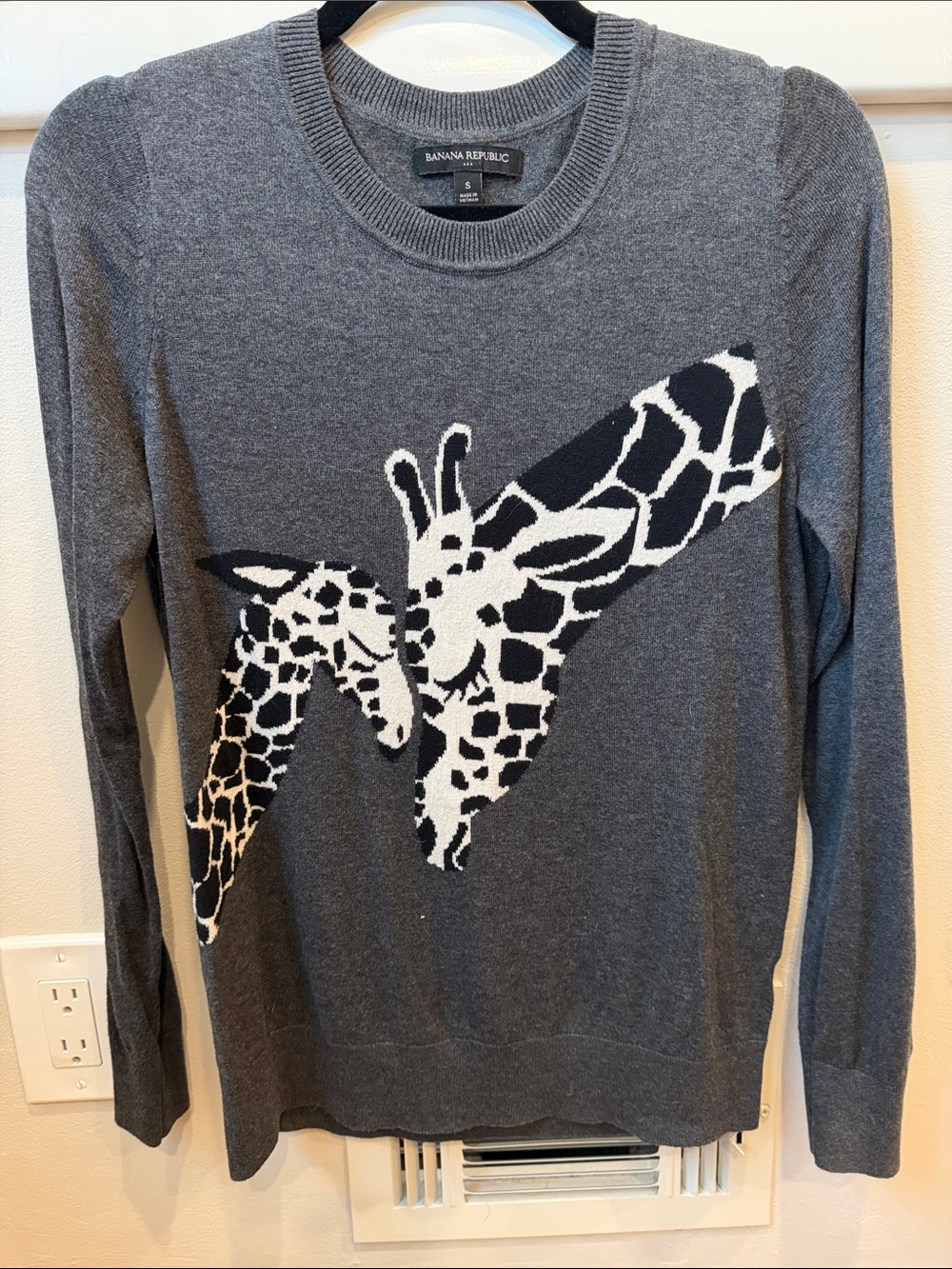 Banana Republic Charcoal Gray Crewneck Sweater with Black & White Giraffe Motif